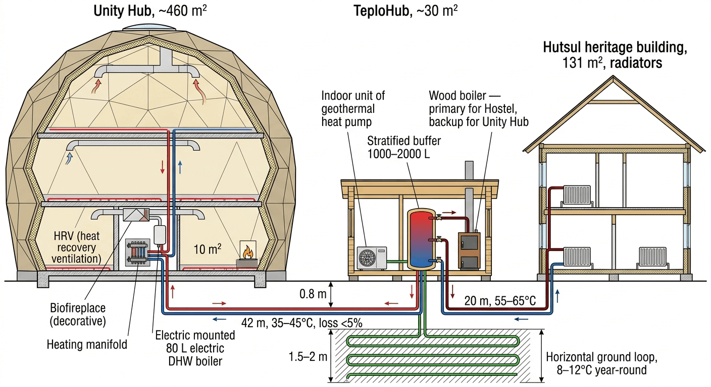 TeploHub variant: all equipment in a separate building, 42 m from Unity Hub.