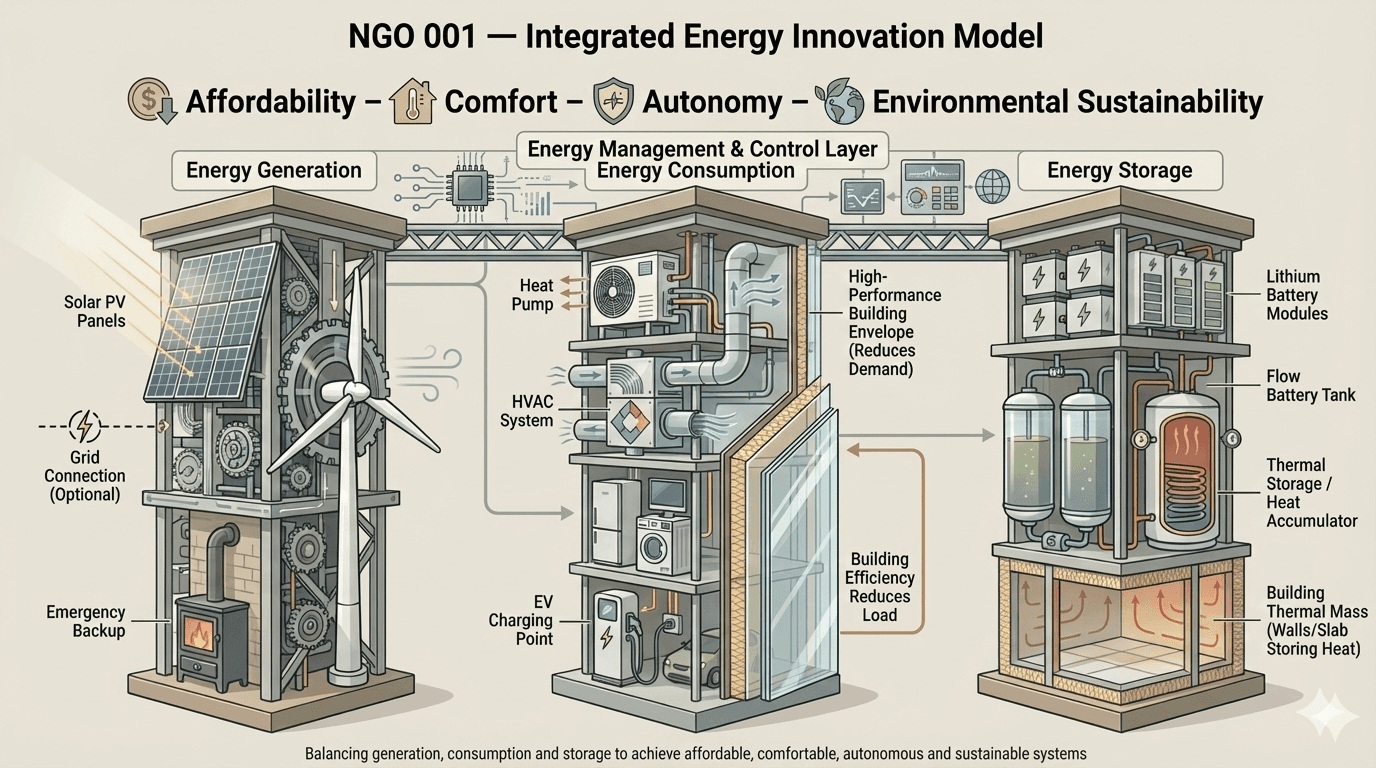 Integrated Energy Innovation Model diagram showing generation, management, storage, and envelope layers