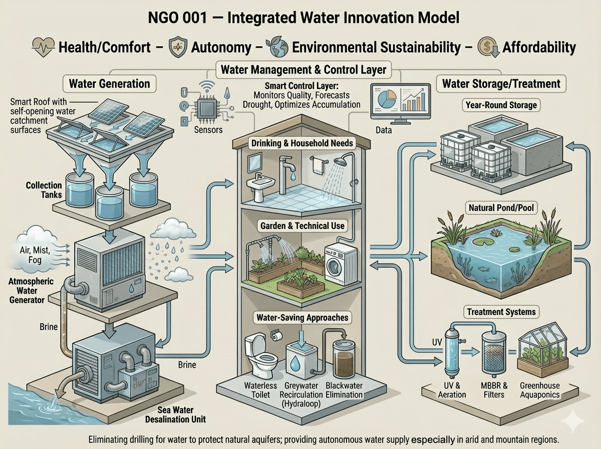 Integrated Water Innovation Model diagram showing generation, consumption, and storage/treatment layers
